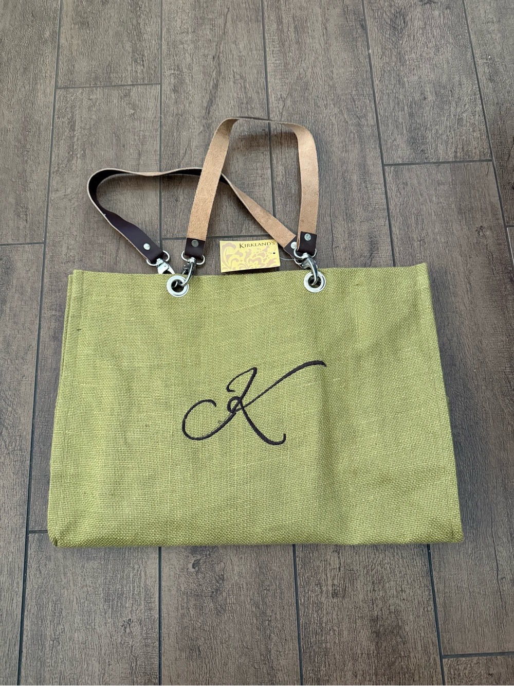 Kirkland Green Jute Tote Bag with Leather Handles Monogram Letter K - Large